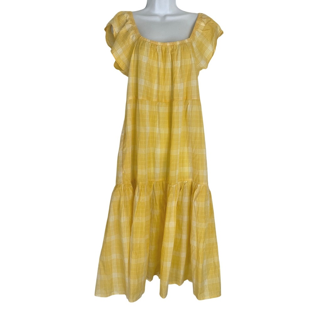 Womens Gingham Cotton Tiered Midi Dress M‎ Yellow Cottagecore Picnic Summer